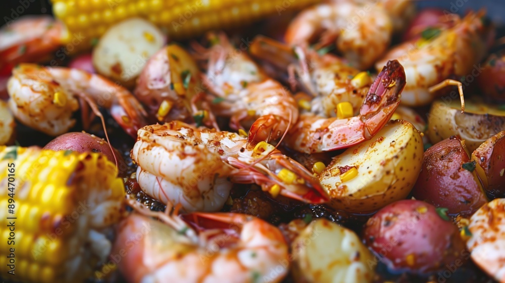 Enjoy a summer seafood boil with shrimp, corn, and potatoes simmered in flavorful spices. Enjoy a summer seafood boil with shrimp, corn, and potatoes simmered in flavorful spices.