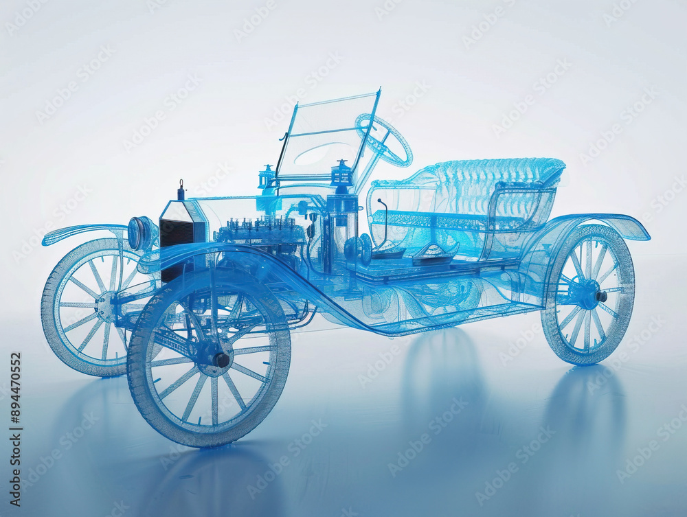 Car 1900s visualization with augmented reality Transparent car in studio drawing in blue colors. Car 1900s visualization with augmented reality Transparent car in studio drawing in blue colors.