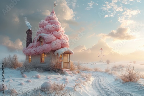 fairytale, fantasy white house of pink ice cream, snow background. photo