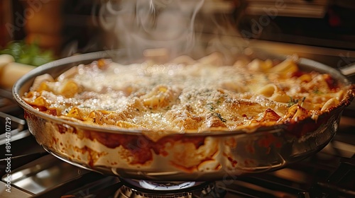 Lasagna in a pan with steam rising. This photo can be used for food blogs, recipe websites, and social media posts.