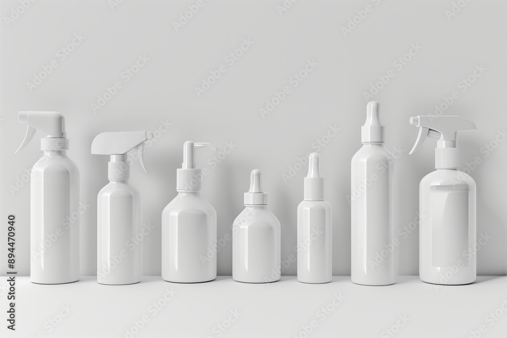 Mockups of white assorted cosmetic bottles inline on a plain background. AI generative Mockups of white assorted cosmetic bottles inline on a plain background. AI generative