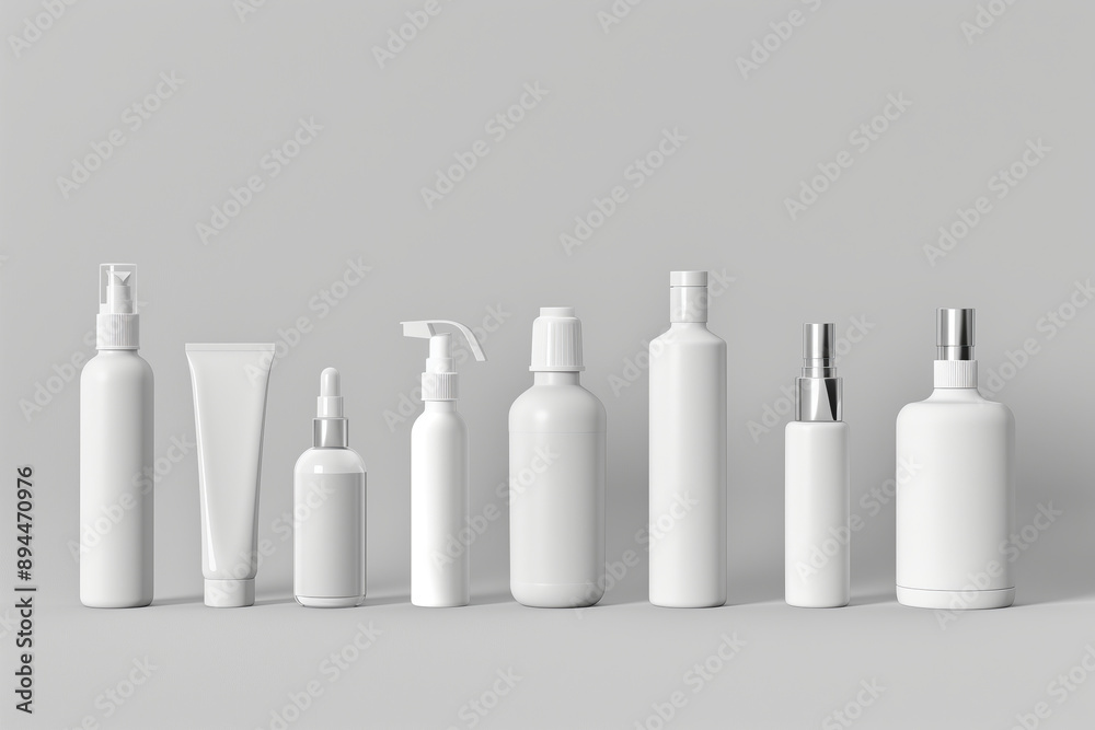 Mockups of white assorted cosmetic bottles inline on a plain background. AI generative Mockups of white assorted cosmetic bottles inline on a plain background. AI generative