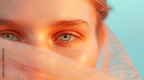 Close-up of woman's eyes looking into camera and with blowing transparent scarf near her face.