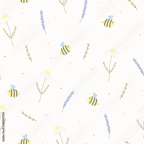 Vector seamless pattern with bees, lavender and chamomile. For wallpapers, decoration, invitation baby shower, fabric, textile and linen, print clothes and pajamas, gift and wrapping paper