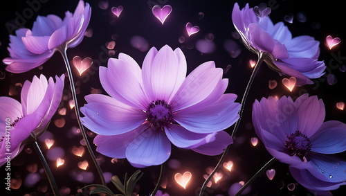 Firefly a glowing purple flower in black background with little hearts scattered around