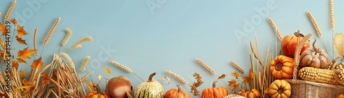 Thanksgiving harvest display with pumpkins and wheat, showcasing autumn colors and festive decorations.