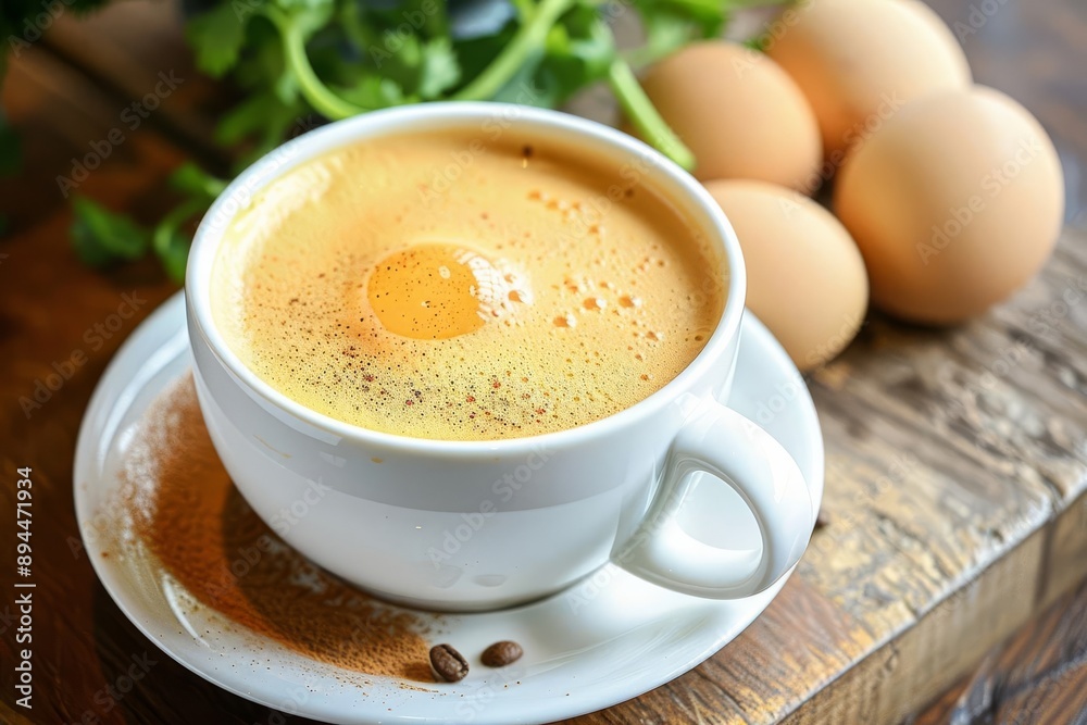 Vietnamese egg coffee in a cup with creamy egg foam, with space for copy text Vietnamese egg coffee in a cup with creamy egg foam, with space for copy text