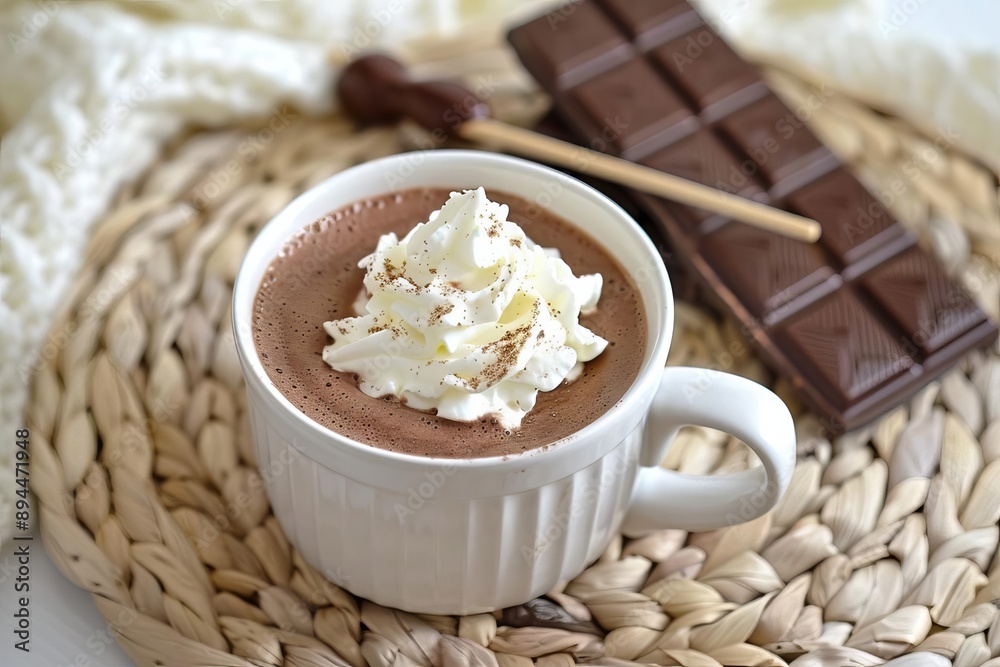 French hot chocolate in a cup with whipped cream and a chocolate stick, with room for copy space French hot chocolate in a cup with whipped cream and a chocolate stick, with room for copy space