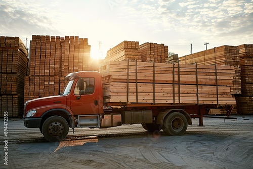 Truck loaded with lumber parked in a sunlit lumberyard 