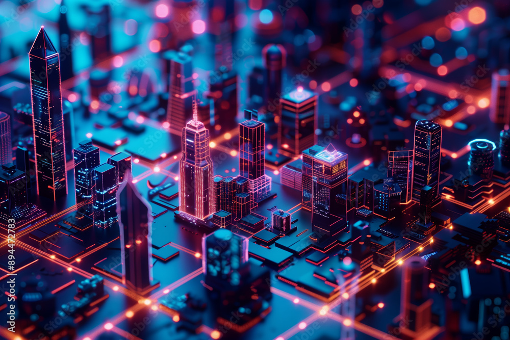 Futuristic cityscape with neon lights and digital grid. 3D render illustration. Cyberpunk urban design concept for wallpaper, poster, and banner Futuristic cityscape with neon lights and digital grid. 3D render illustration. Cyberpunk urban design concept for wallpaper, poster, and banner