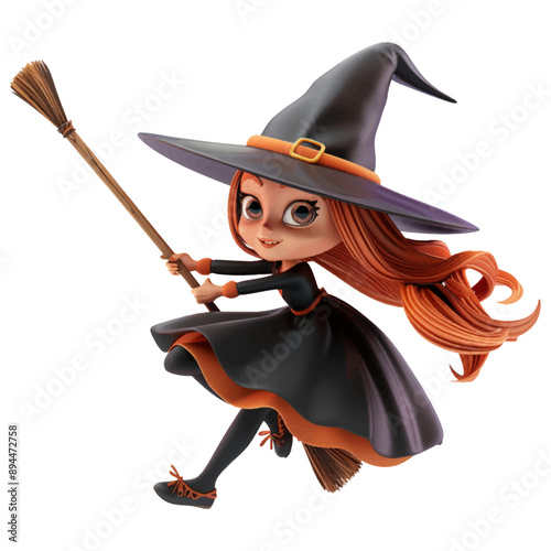 Cute 3D witch riding a broomstick isolated on white background.