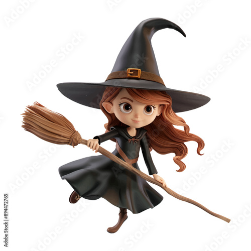 Cute 3D witch riding a broomstick isolated on white background.