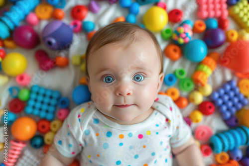 cute baby laying surrounded by toys