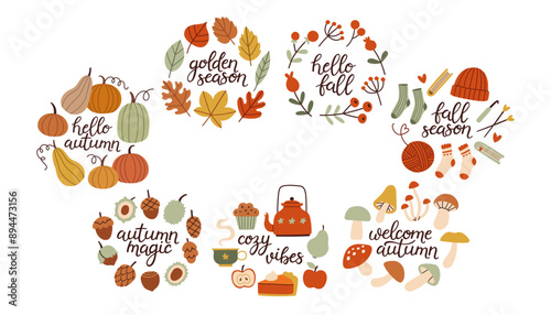 Autumn hand drawn lettering set. Fall season handwritten slogans. Autumn phrases with cute cozy design elements