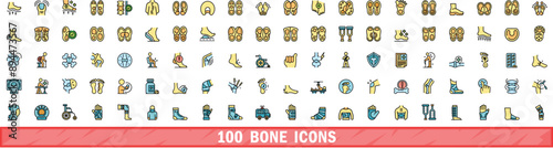 100 bone icons set. Color line set of bone vector icons thin line color flat on white