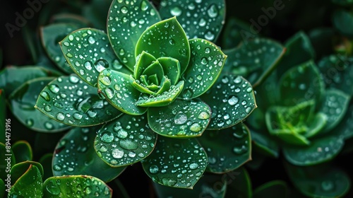 Beautiful macro image of succulent leaves covered in water drops