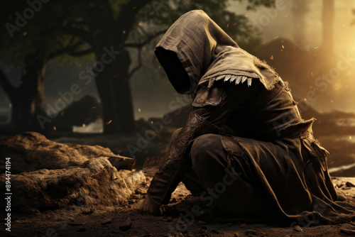 medieval hero Robin Hood with his head covered, concealed in the forest, ready for action. photo