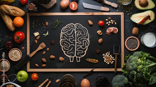 Chalk hand-drawn brain surrounded by assorted healthy foods, promoting brain nutrition on a blackboard