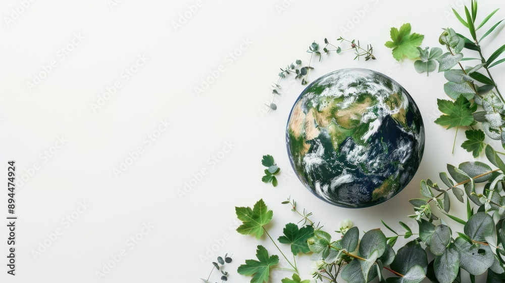 Earth Day theme with planet Earth and greenery on a minimalist white background Earth Day theme with planet Earth and greenery on a minimalist white background