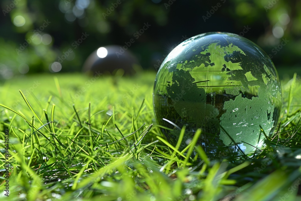Glass globe on grass in sunlight Glass globe on grass in sunlight