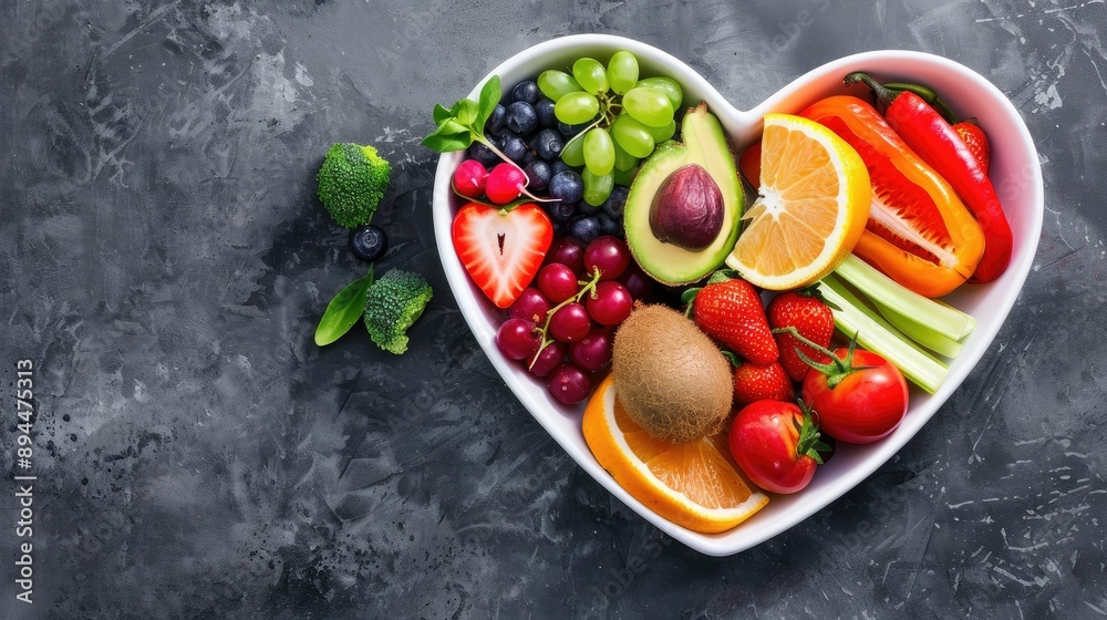 Fresh fruits and vegetables arranged in a heart-shaped dish, symbolizing love for nutritious food Fresh fruits and vegetables arranged in a heart-shaped dish, symbolizing love for nutritious food