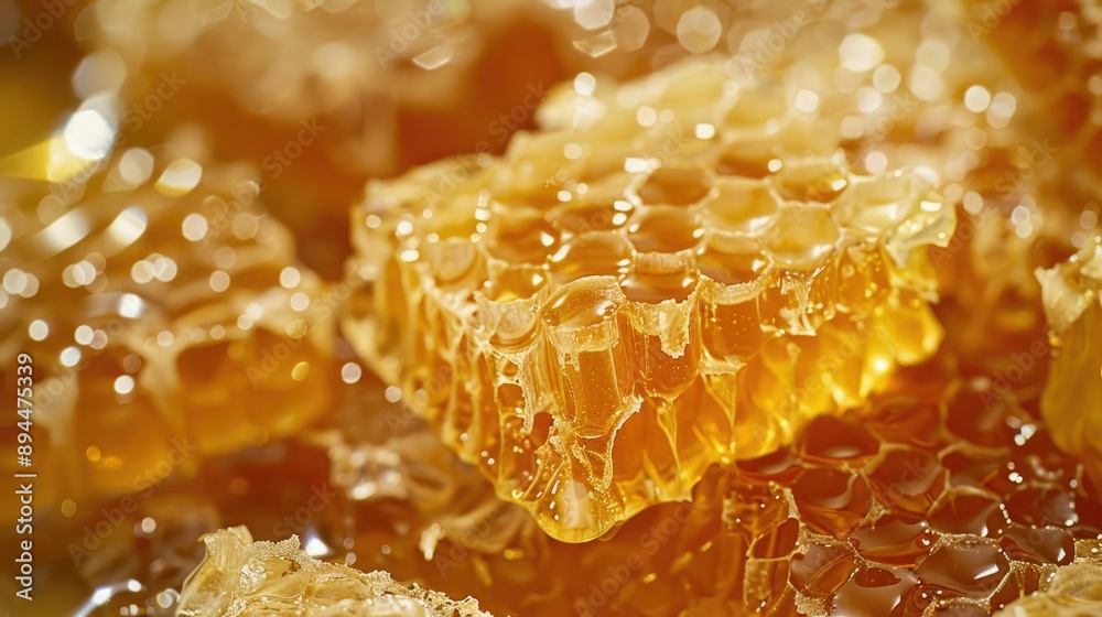 Fresh honeycomb squares brimming with golden liquid honey, capturing the essence of natural sweetness Fresh honeycomb squares brimming with golden liquid honey, capturing the essence of natural sweetness