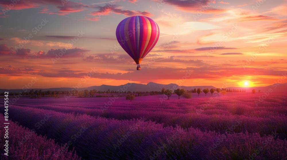 Fototapeta premium Hot air balloon in the sky over a lavender field, place for nature travel