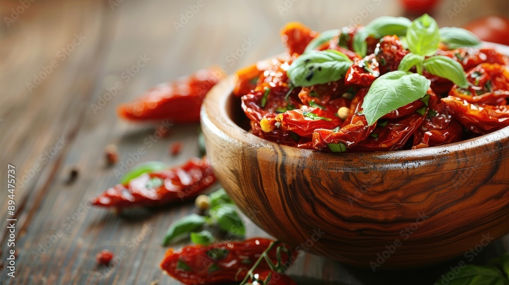Sun-dried tomatoes in wooden bowl. Perfect for recipes with Mediterranean flavors, salads, or pasta dishes. Sun-dried tomatoes in wooden bowl. Perfect for recipes with Mediterranean flavors, salads, or pasta dishes.