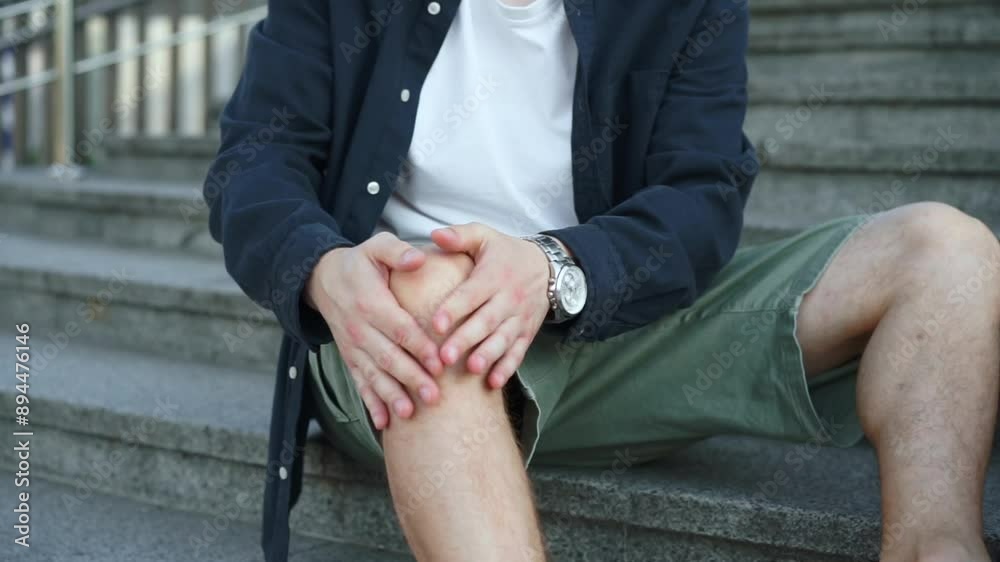 A man's injured knee.
Leg injury.
Knee pain