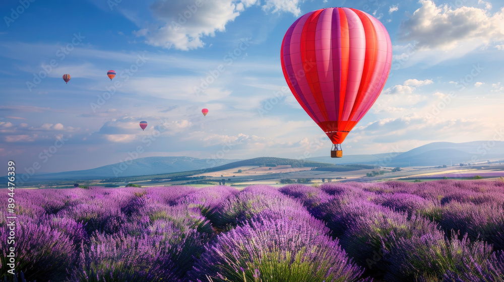 Fototapeta premium Hot air balloon in the sky over a lavender field, place for nature travel