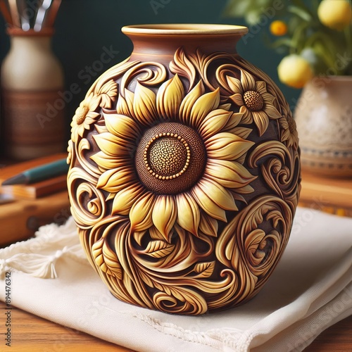 97 131. Ceramic Sunflower Vase_ A vase made from ceramic with a