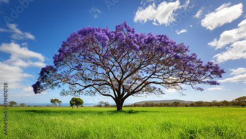 Firefly a big Jacaranda Tree with purple flowers in the middle of a thick green field under a sunny sky