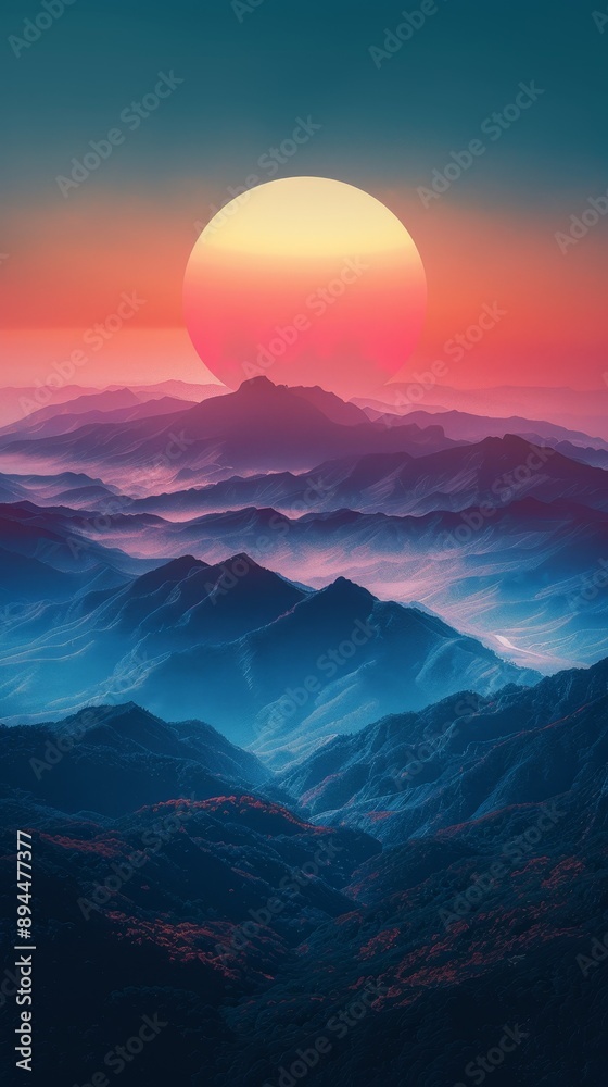 A beautiful mountain range with a large sun in the sky A beautiful mountain range with a large sun in the sky