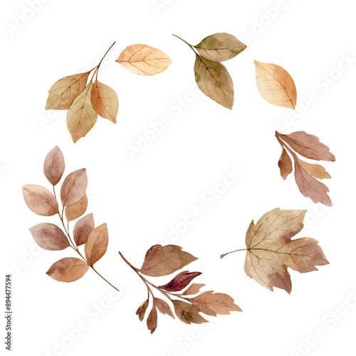 Watercolor vector fall floral circle frame. Brown leaves for rustic wedding design, greeting cards, thanksgiving decoration. Hand painted illustration.