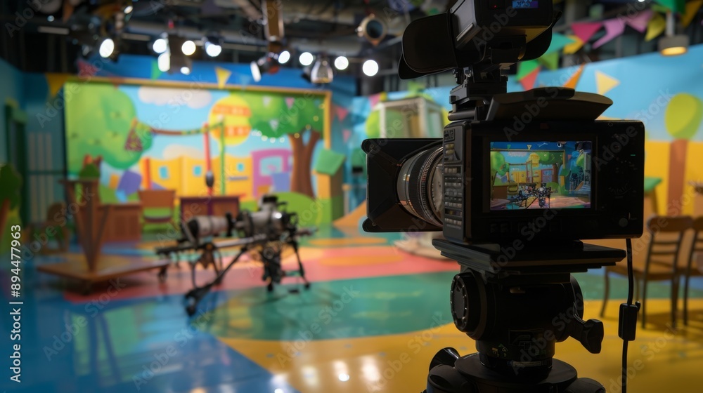 A pro camera on a tripod on a colorful set with cartoon scenery. Screen shows vibrant animated scene for children's TV program filming A pro camera on a tripod on a colorful set with cartoon scenery. Screen shows vibrant animated scene for children's TV program filming