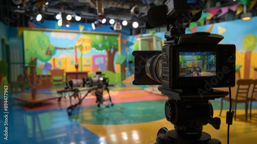 A pro camera on a tripod on a colorful set with cartoon scenery. Screen shows vibrant animated scene for children's TV program filming