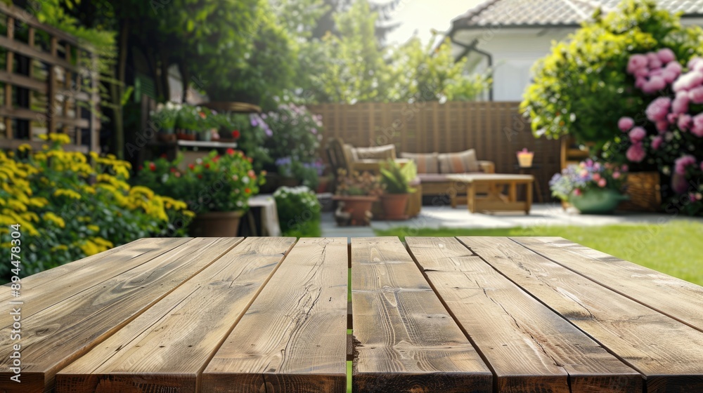 Outdoor wood table with blurred backyard background for ad template