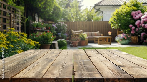 Obraz na płótnie Outdoor wood table with blurred backyard background for ad template w salonie