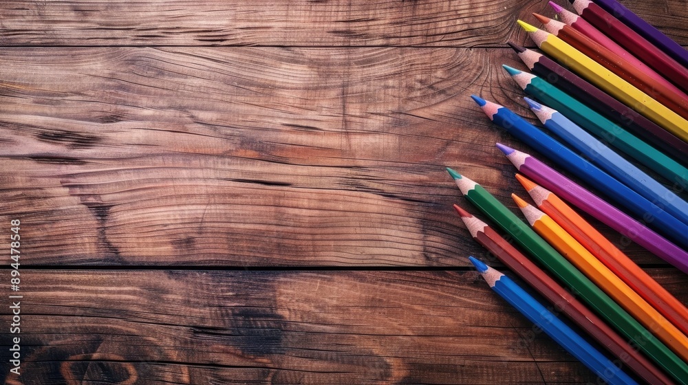 Fototapeta premium Color pencils on a wooden table with empty space