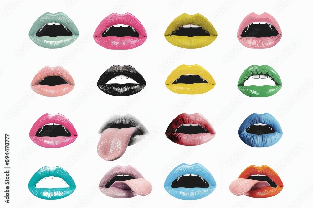 Obraz premium Purple lips with stripe tongue in pop art style. Woman's half-open mouth with sticking out tongue. Vintage trendy y2k patch or sticker. Beautiful simple AI generated image in 4K, unique.