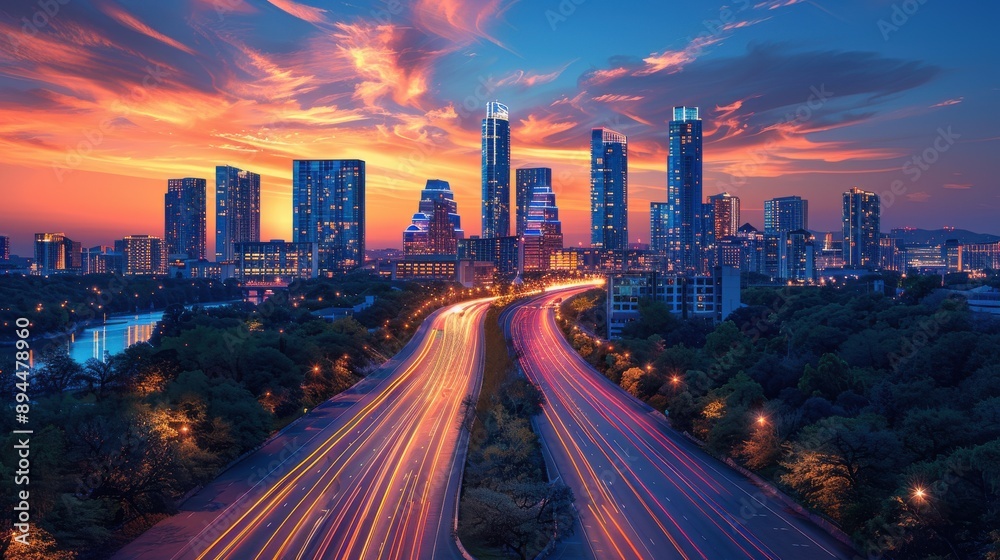 Fototapeta premium A city skyline at dusk with illuminated buildings and traffic trails, a mix of modern and historic architecture