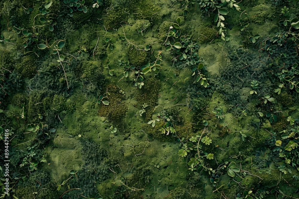 Lush carpet of green moss with intermingled plant life, showcasing nature's textures Lush carpet of green moss with intermingled plant life, showcasing nature's textures
