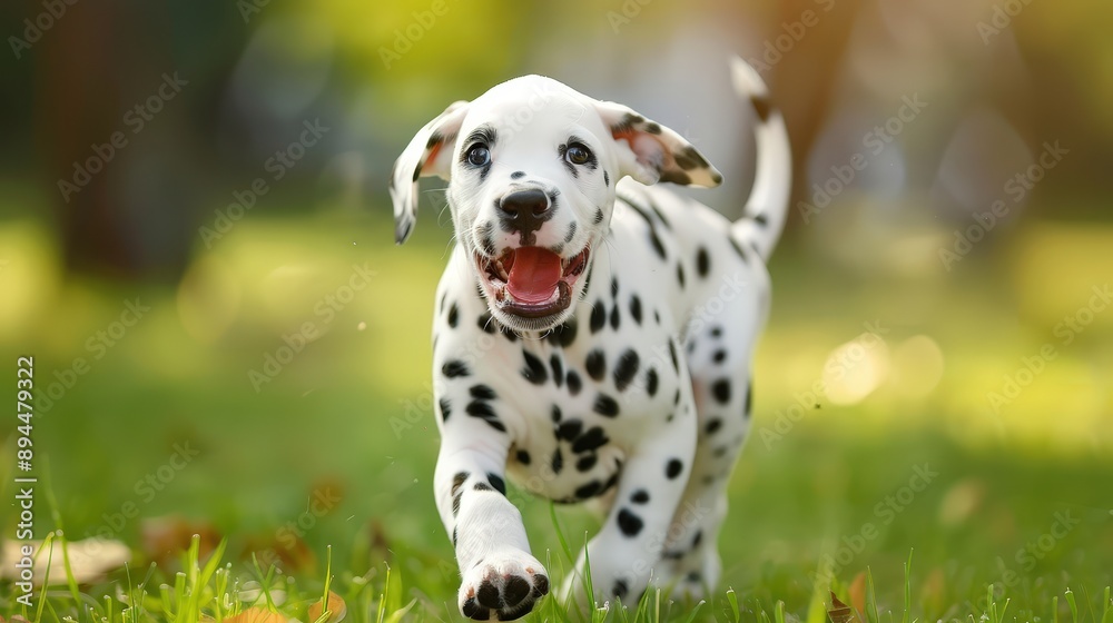 Playful Dalmatian Puppy Running in a Grassy Park on a Sunny Day Playful Dalmatian Puppy Running in a Grassy Park on a Sunny Day