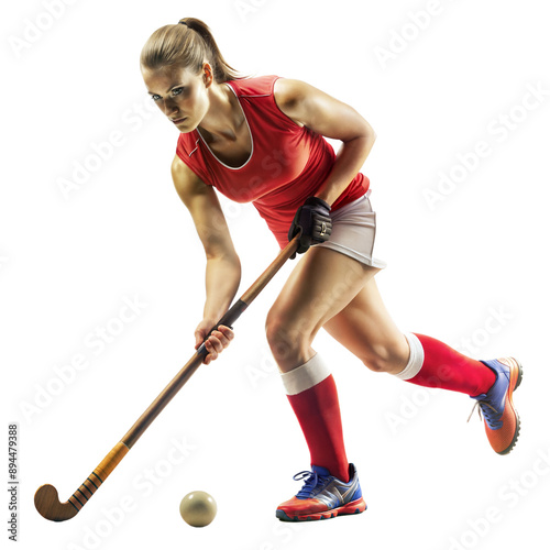Female field hockey player in action, showcasing athleticism and skill