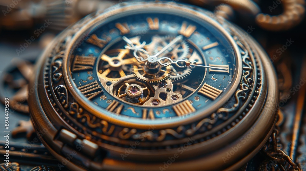Obraz premium A detailed close-up of a vintage pocket watch with visible gears and intricate designs, against an antique wooden surface