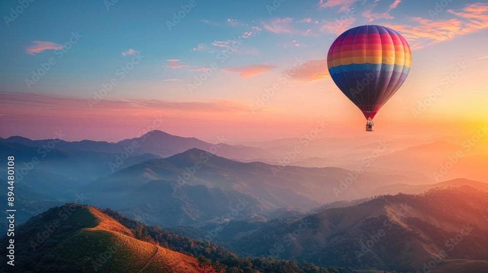 Colorful hot air balloons flying over the mountains Colorful hot air balloons flying over the mountains