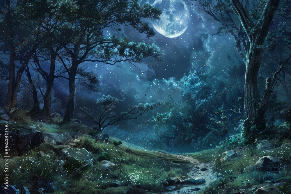 Explore the mystical and enchanting moonlit forest path through the serene and peaceful woodland under the luminous full moon and glowing night sky Explore the mystical and enchanting moonlit forest path through the serene and peaceful woodland under the luminous full moon and glowing night sky
