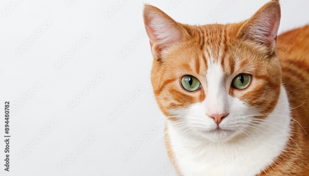 Close-up of an orange and white cat, plain background, copy space for text Close-up of an orange and white cat, plain background, copy space for text