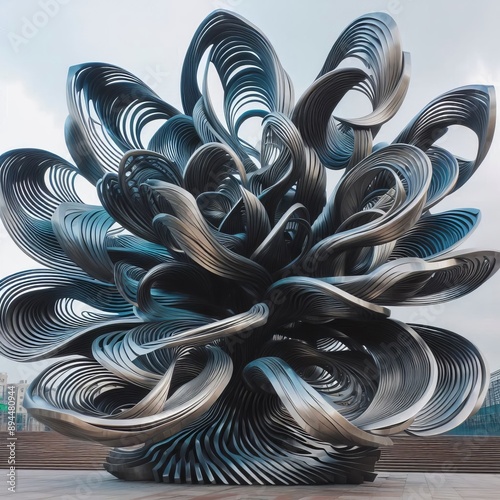 128 31. A steel sculpture with fluid and organic shapes, resembl photo