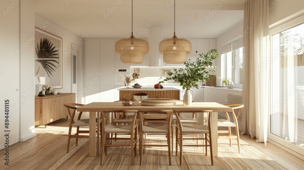 A bright, roomy dining space with Scandinavian decor, featuring a wooden table, chic chairs, and elegant pendant lights. A bright, roomy dining space with Scandinavian decor, featuring a wooden table, chic chairs, and elegant pendant lights.